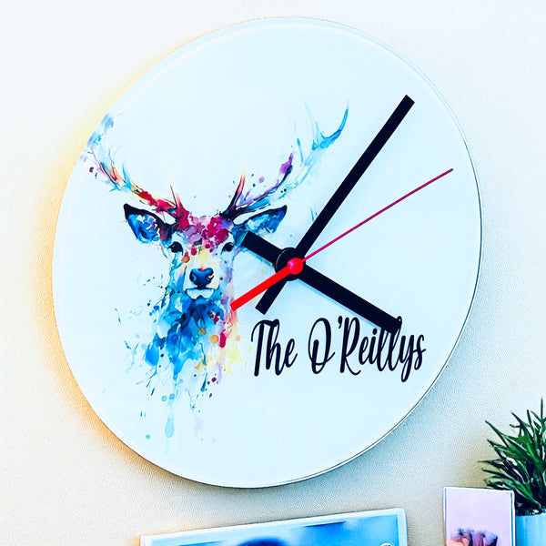 Glass Multi Coloured Stag Design clock with personalisation