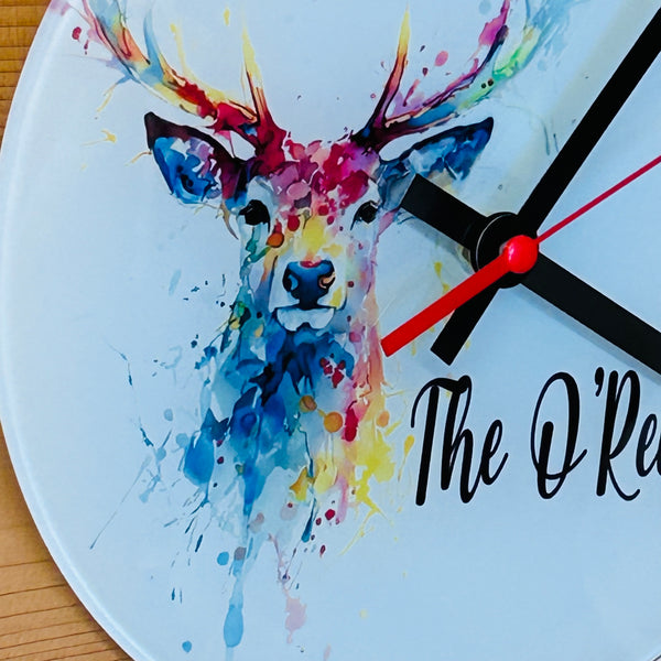 Glass Multi Coloured Stag Design clock with personalisation