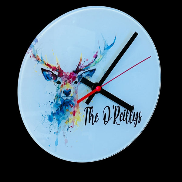Glass Multi Coloured Stag Design clock with personalisation