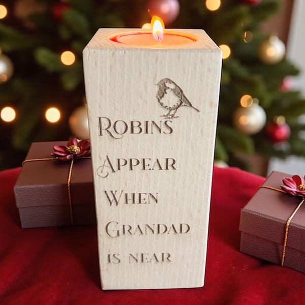 Robins appear… beech wood memorial tea light holder.