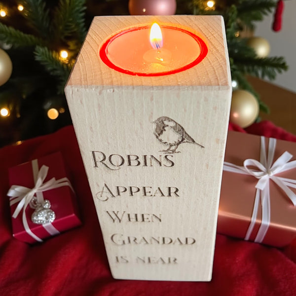 Robins appear… beech wood memorial tea light holder.