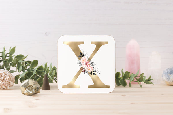 Personalised Gold Initial Coaster with Pink Floral Design