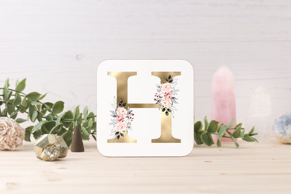 Personalised Gold Initial Coaster with Pink Floral Design
