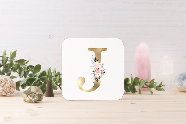 Personalised Gold Initial Coaster with Pink Floral Design