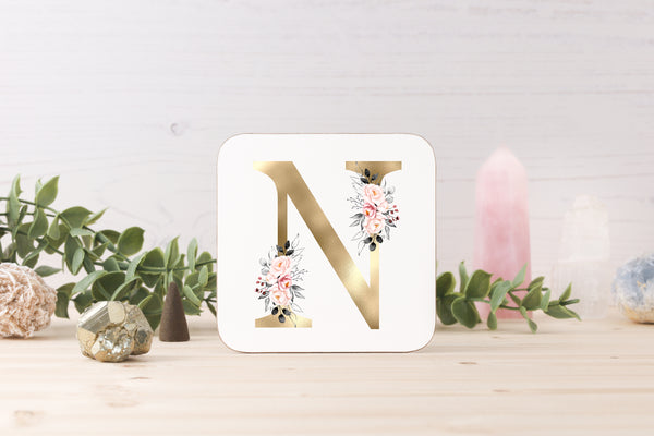 Personalised Gold Initial Coaster with Pink Floral Design