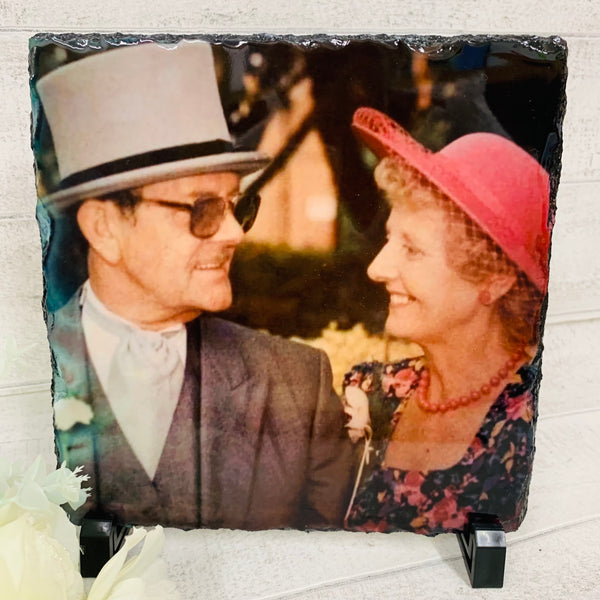 square flossy rockslate picture of grandparents at a wedding