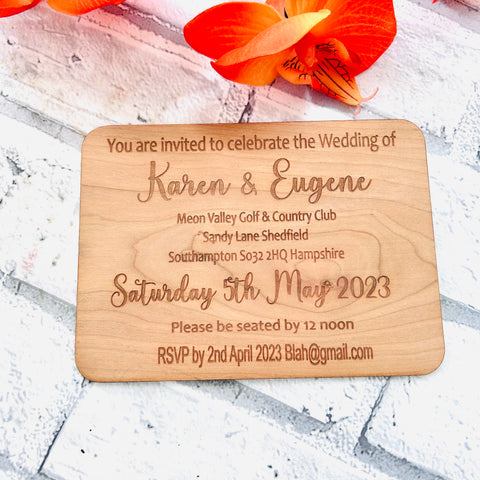 Wooden engraved wedding invites set of 10