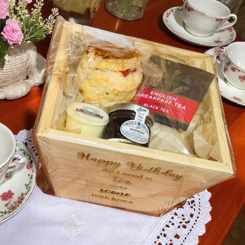 Cream tea for one Fruit scone - gift wrapped in a pine plant pot - Mrs O’Reilly’s cakes of art
