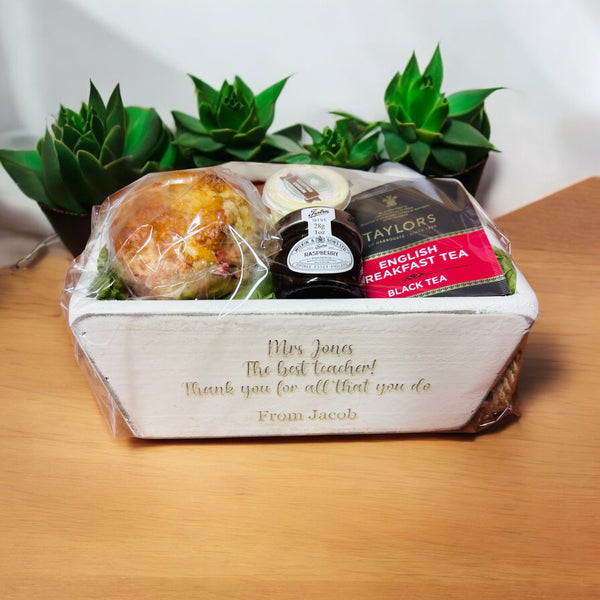 Teacher gift, personalised cream tea gift set with fruit scones, Mrs O’Reilly’s - Cakes of Art