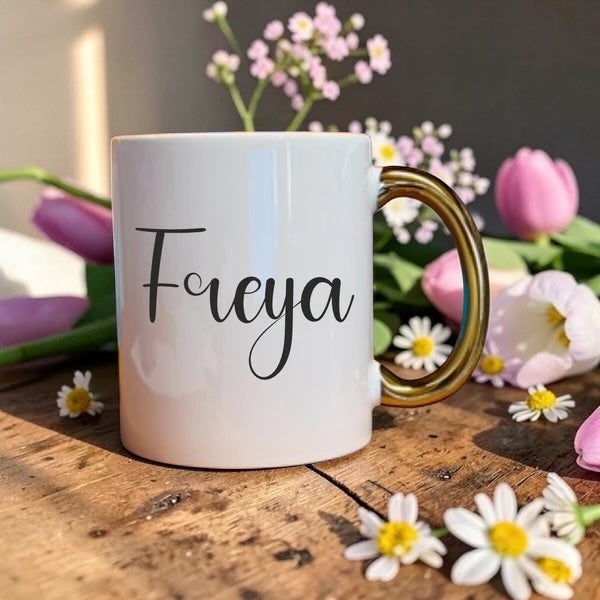 Gold Initial Mug with pink floral design and metallic gold handle