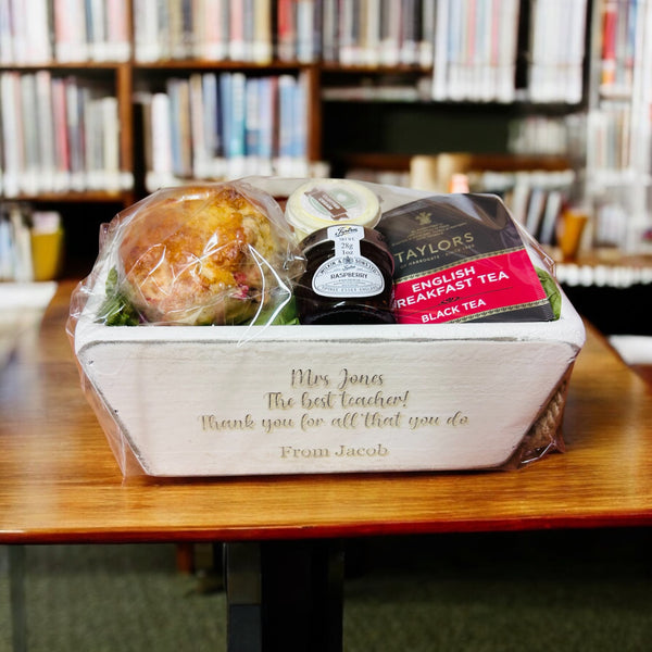 Teacher gift, personalised cream tea gift set with fruit scones, Mrs O’Reilly’s - Cakes of Art