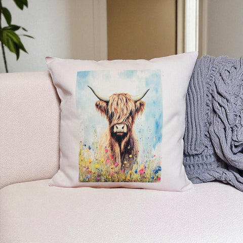 Highland Cow in meadow, linen style cushion