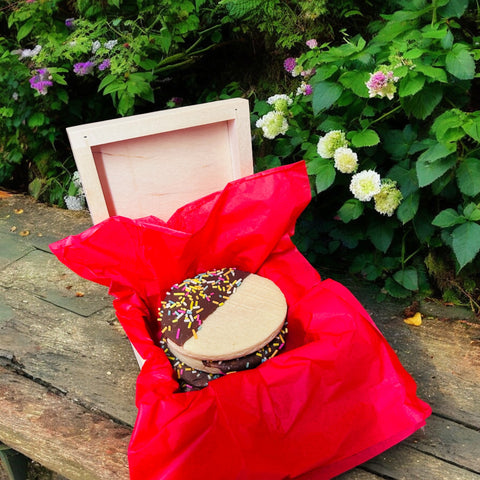 Chocolate dipped shortbread biscuits in a wooden, personalised, keepsake box biscuits - Mrs O’Reilly’s Cakes of Art
