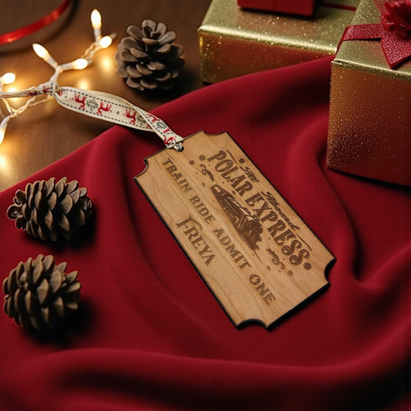 Polar Express Ride Ticket – Christmas Tree Decoration - personalised cherrywood laminate