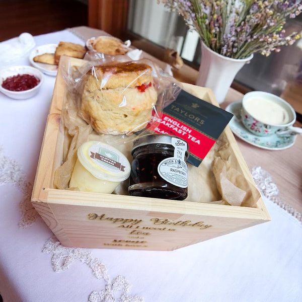Cream tea for one Fruit scone - gift wrapped in a pine plant pot - Mrs O’Reilly’s cakes of art