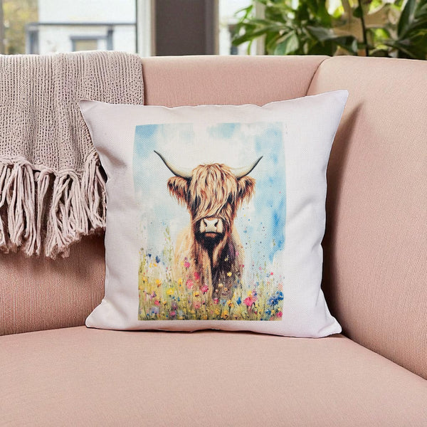 Highland Cow in meadow, linen style cushion