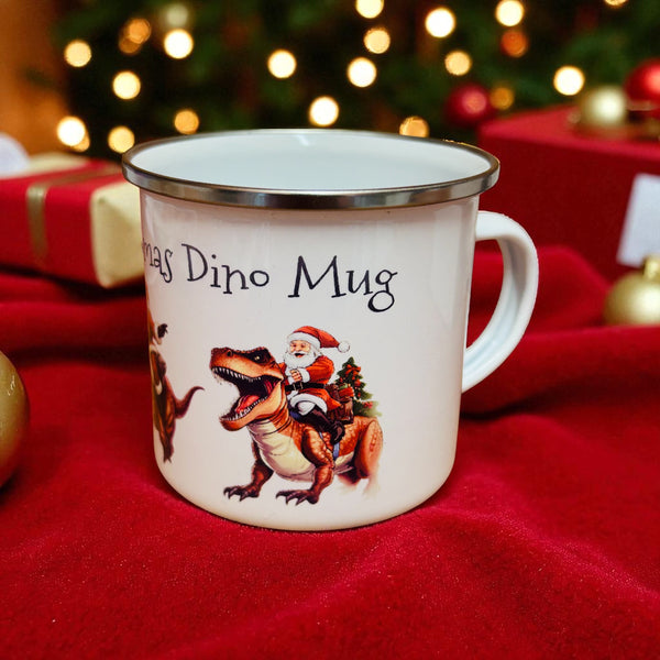 Santa Riding Dinosaurs - personalised Christmas mug