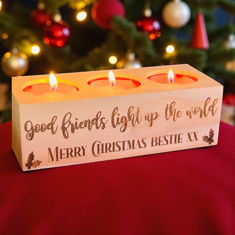 Wooden tea light Christmas trio with personalised message