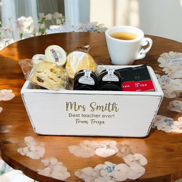 Teacher gift, personalised cream tea gift set with fruit scones, Mrs O’Reilly’s - Cakes of Art