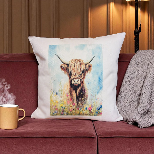 Highland Cow in meadow, linen style cushion