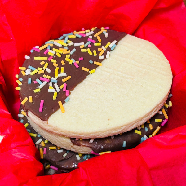 Chocolate dipped shortbread biscuits in a wooden, personalised, keepsake box biscuits - Mrs O’Reilly’s Cakes of Art