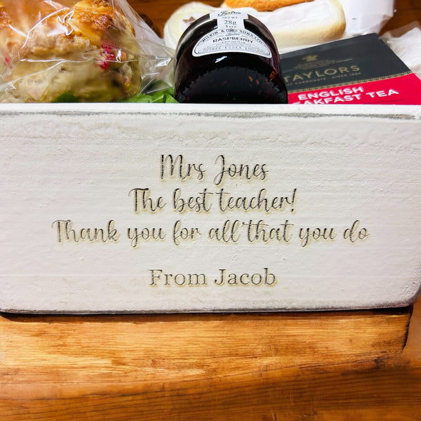 Teacher gift, personalised cream tea gift set with fruit scones, Mrs O’Reilly’s - Cakes of Art