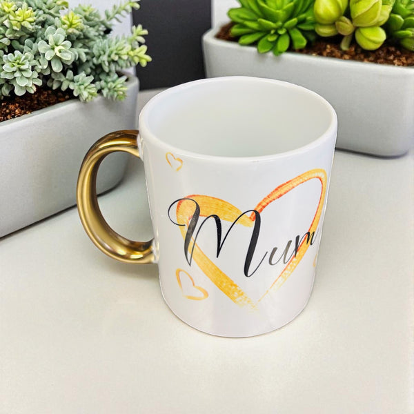 Gold handled ceramic heart personalised mug