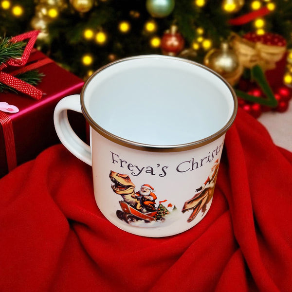Santa Riding Dinosaurs - personalised Christmas mug