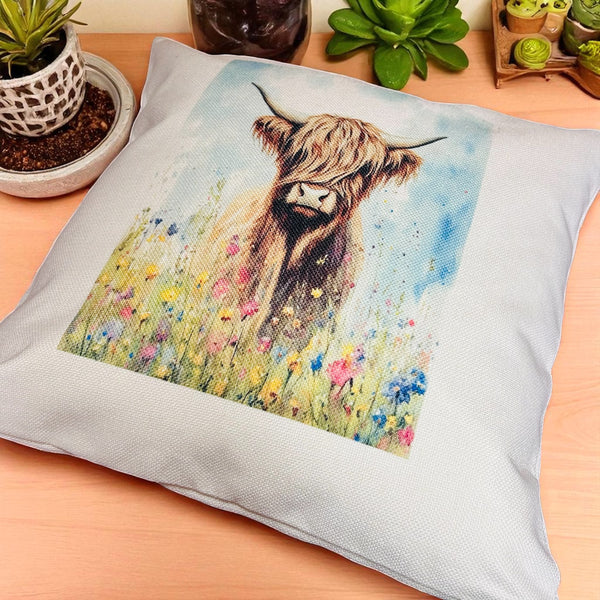 Highland Cow in meadow, linen style cushion