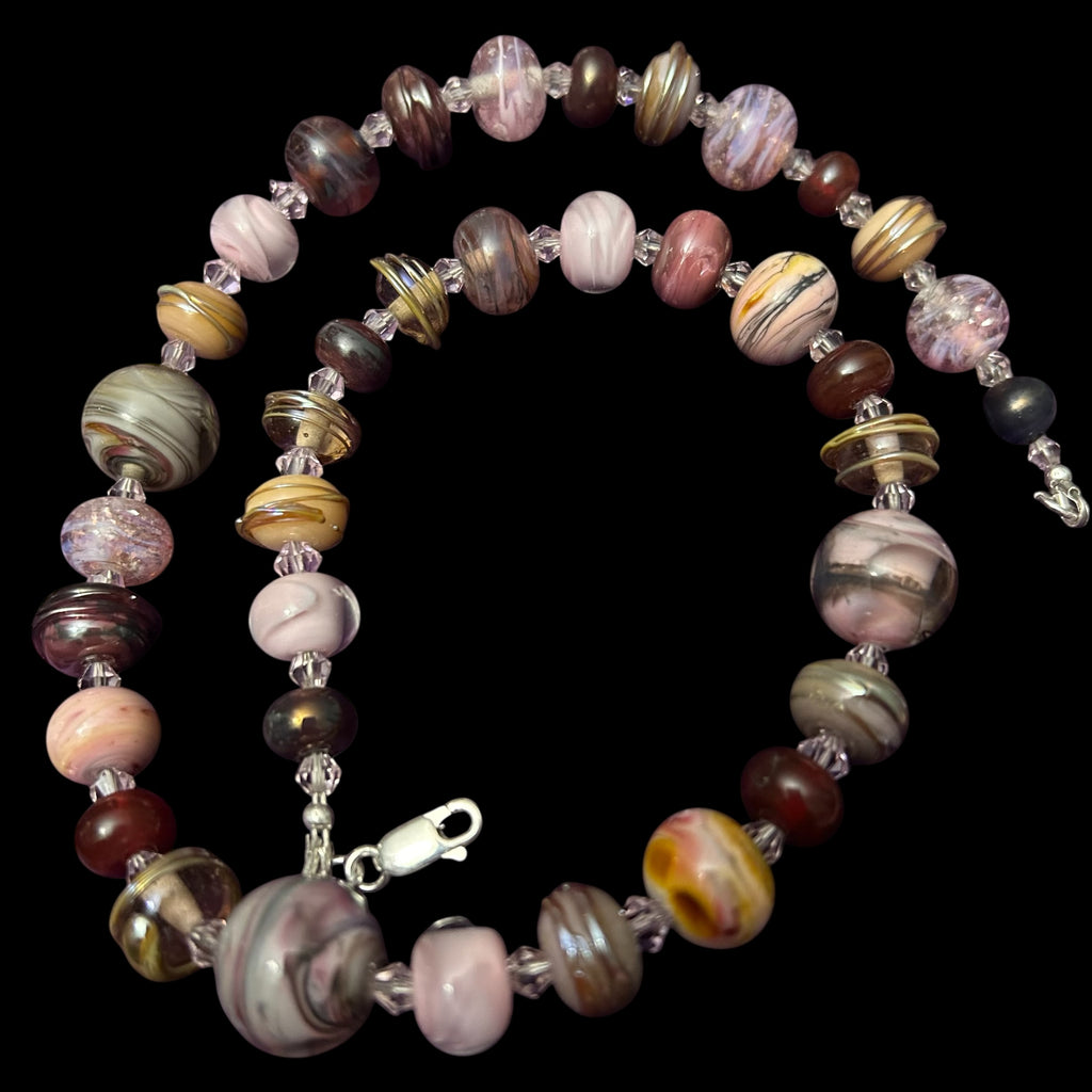 Handmade bead necklace of pink beads with Swarovski crystals and sterling silver