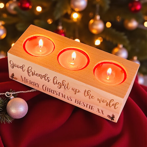 Wooden tea light Christmas trio with personalised message