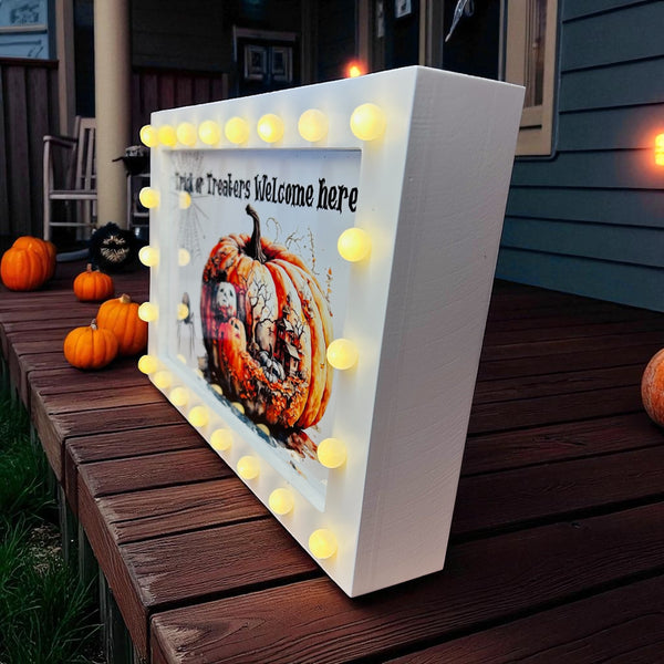 Halloween Light up Box Frame Sign - Trick or treaters welcome here!