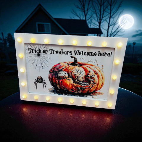 Halloween Light up Box Frame Sign - Trick or treaters welcome here!
