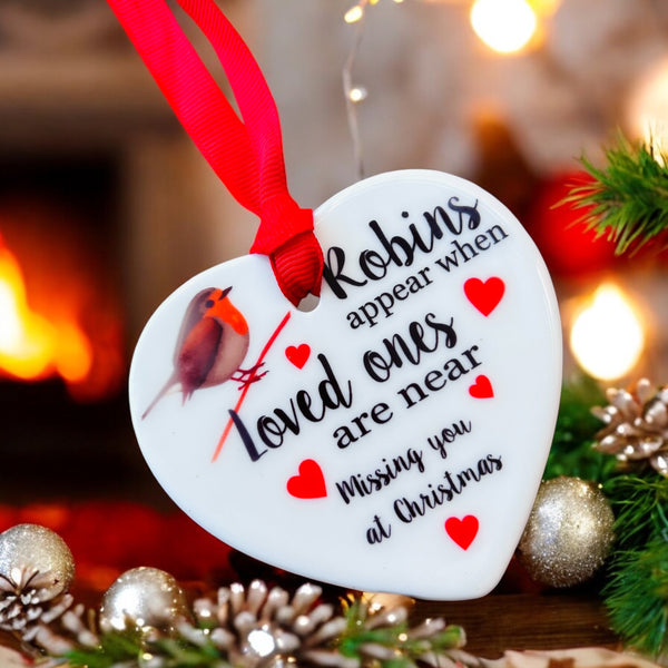 Ceramic heart Robins appear - Missing you at Christmas tree decoration