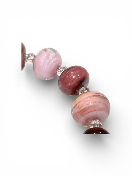 Handmade bead necklace of pink beads with Swarovski crystals and sterling silver