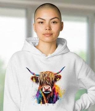 Multi-Coloured Highland Cow Hoodie | Cosy Animal Design Sweatshirt Hoodie