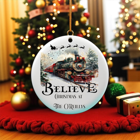 Polar Express black/red believe, ceramic tree decoration with personalisation