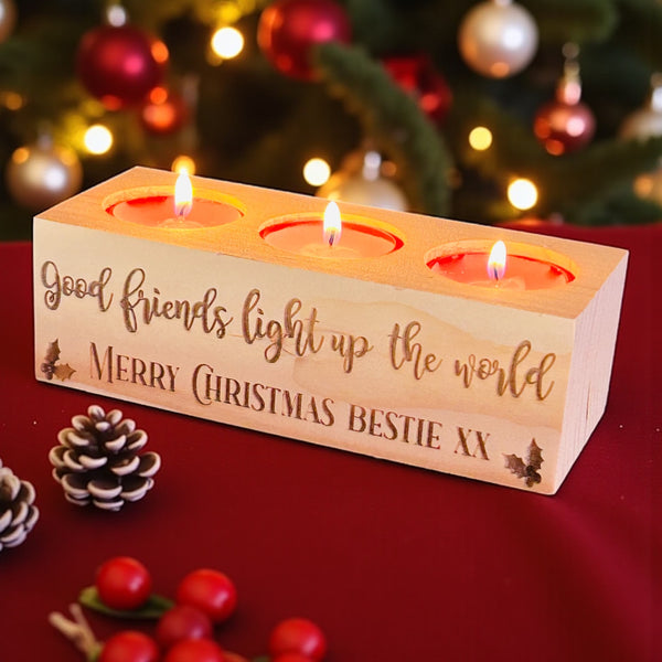 Wooden tea light Christmas trio with personalised message