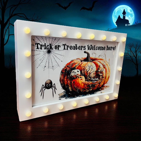 Halloween Light up Box Frame Sign - Trick or treaters welcome here!