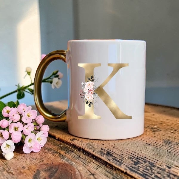 Gold Initial Mug with pink floral design and metallic gold handle