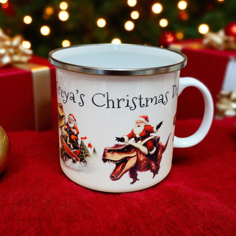 Santa Riding Dinosaurs - personalised Christmas mug