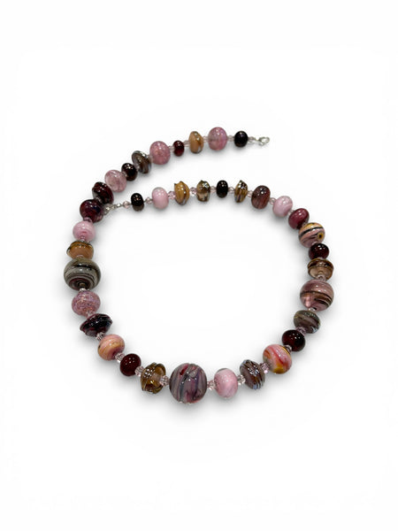 Handmade bead necklace of pink beads with Swarovski crystals and sterling silver