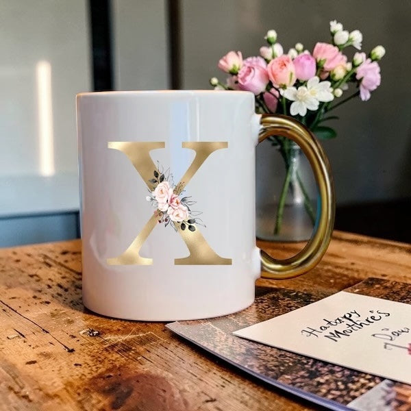 Gold Initial Mug with pink floral design and metallic gold handle