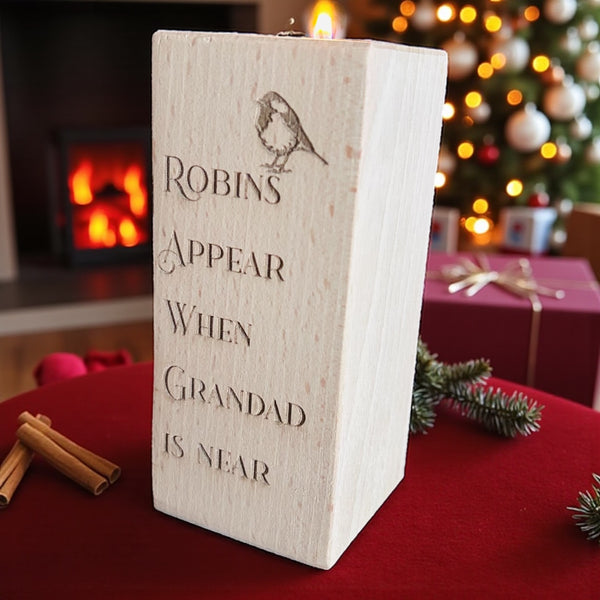 Robins appear… beech wood memorial tea light holder.