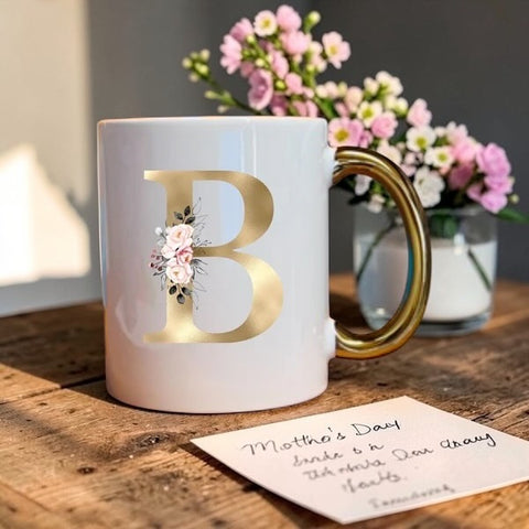 Gold Initial Mug with pink floral design and metallic gold handle