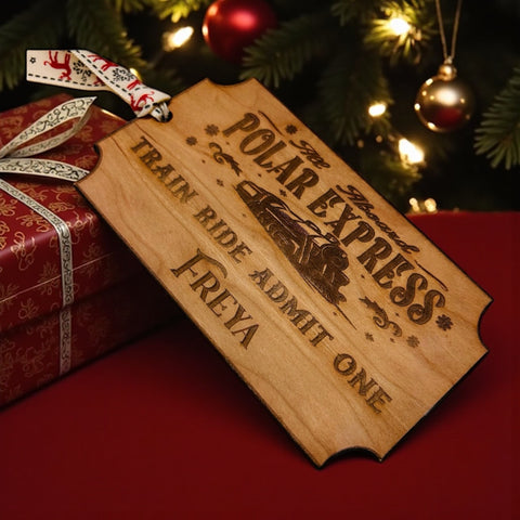 Polar Express Ride Ticket – Christmas Tree Decoration - personalised cherrywood laminate