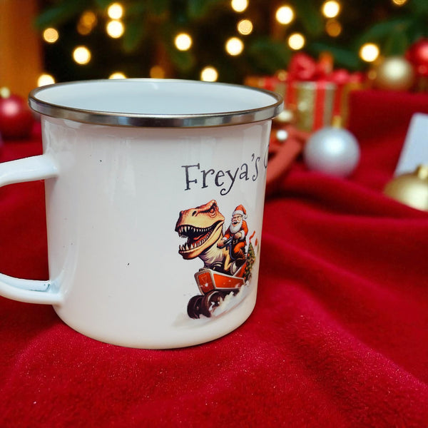 Santa Riding Dinosaurs - personalised Christmas mug