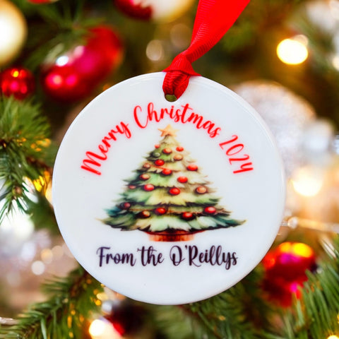Round ceramic personalised Christmas tree decoration Christmas tree design