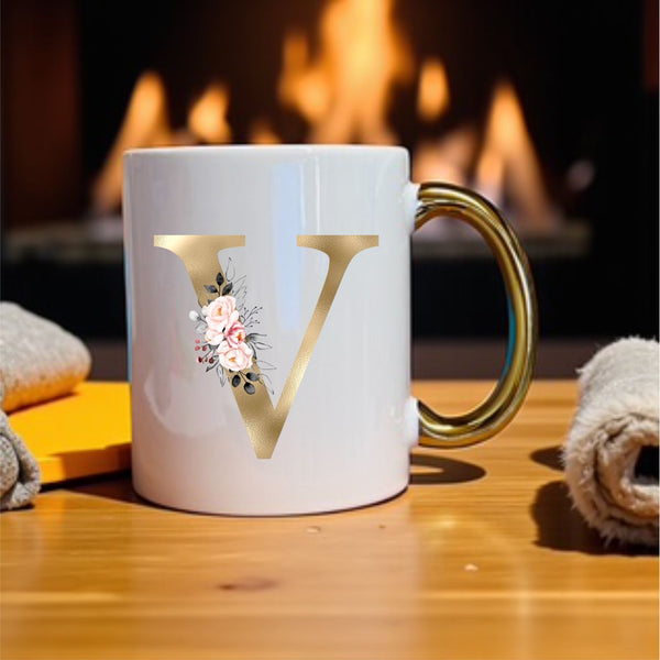 Gold Initial Mug with pink floral design and metallic gold handle