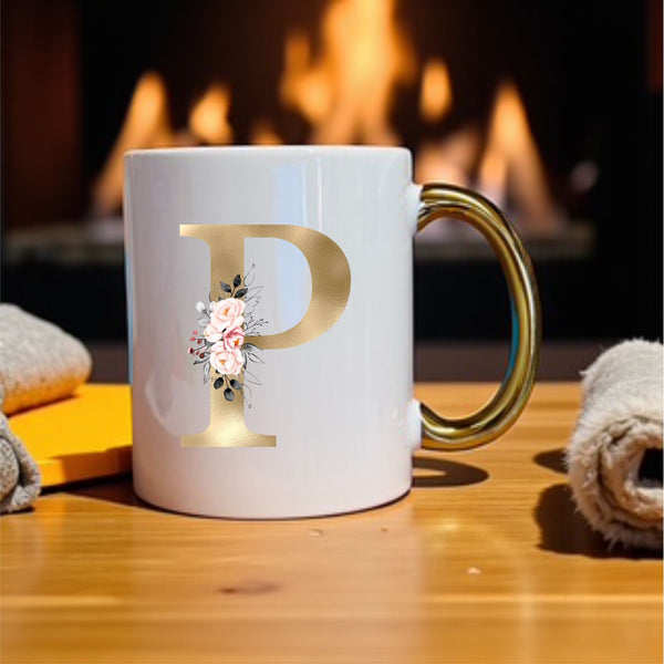 Gold Initial Mug with pink floral design and metallic gold handle